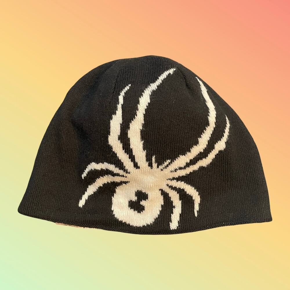 Spyder Reversible Bug Logo Beanie Hat Knit Black White Spooky Spider Web Goth OS